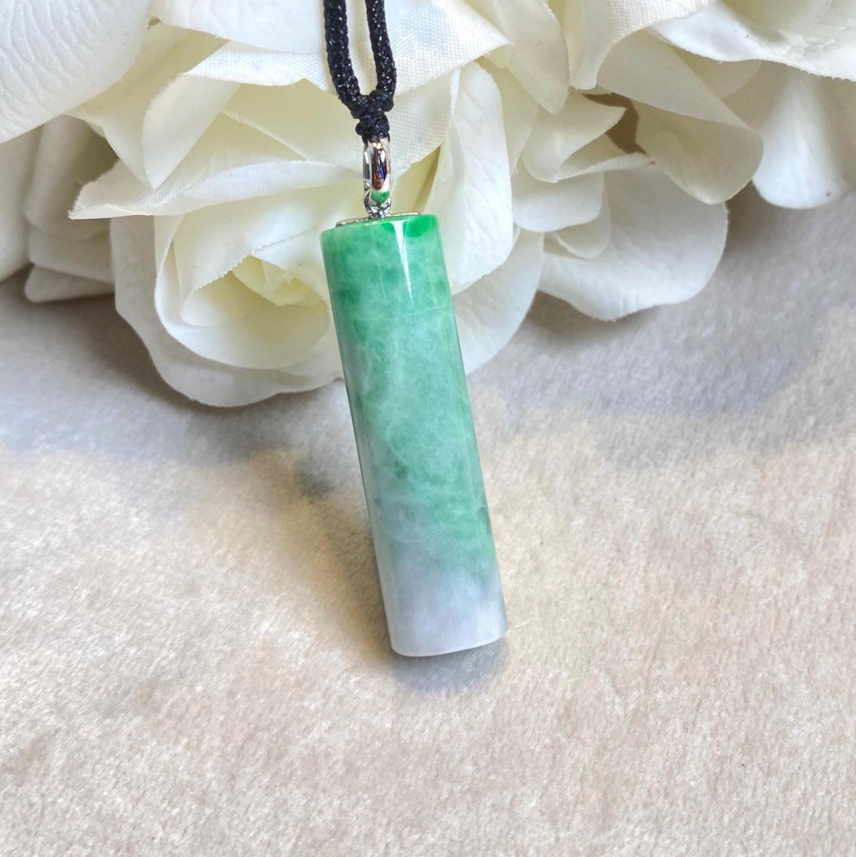 Genuine Green Jade Rod Pendant 18k White Gold Bail – Natural Untreated Burmese Jadeite