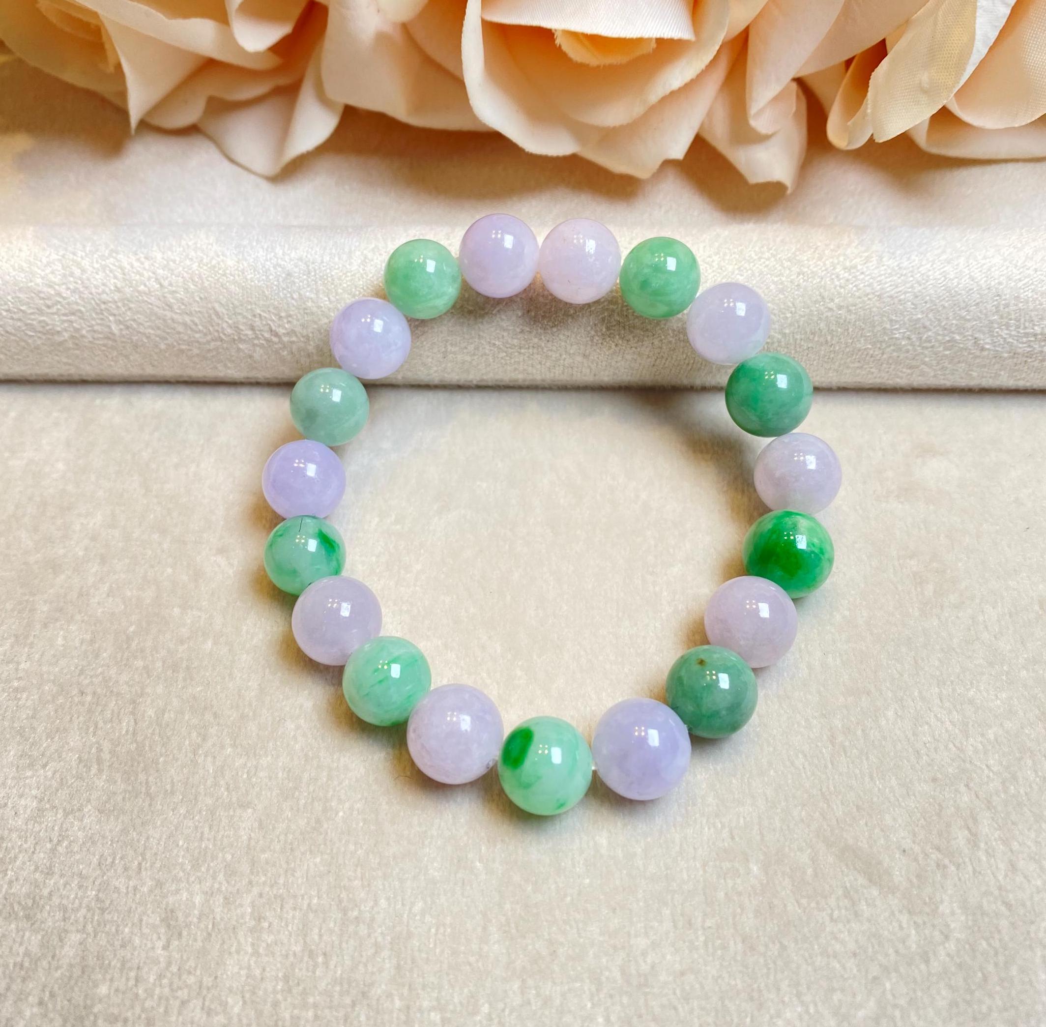 Alternating Green and Purple Jade Beaded Bracelet - 9-9.5mm Beads, 17cm, Natural Jadeite