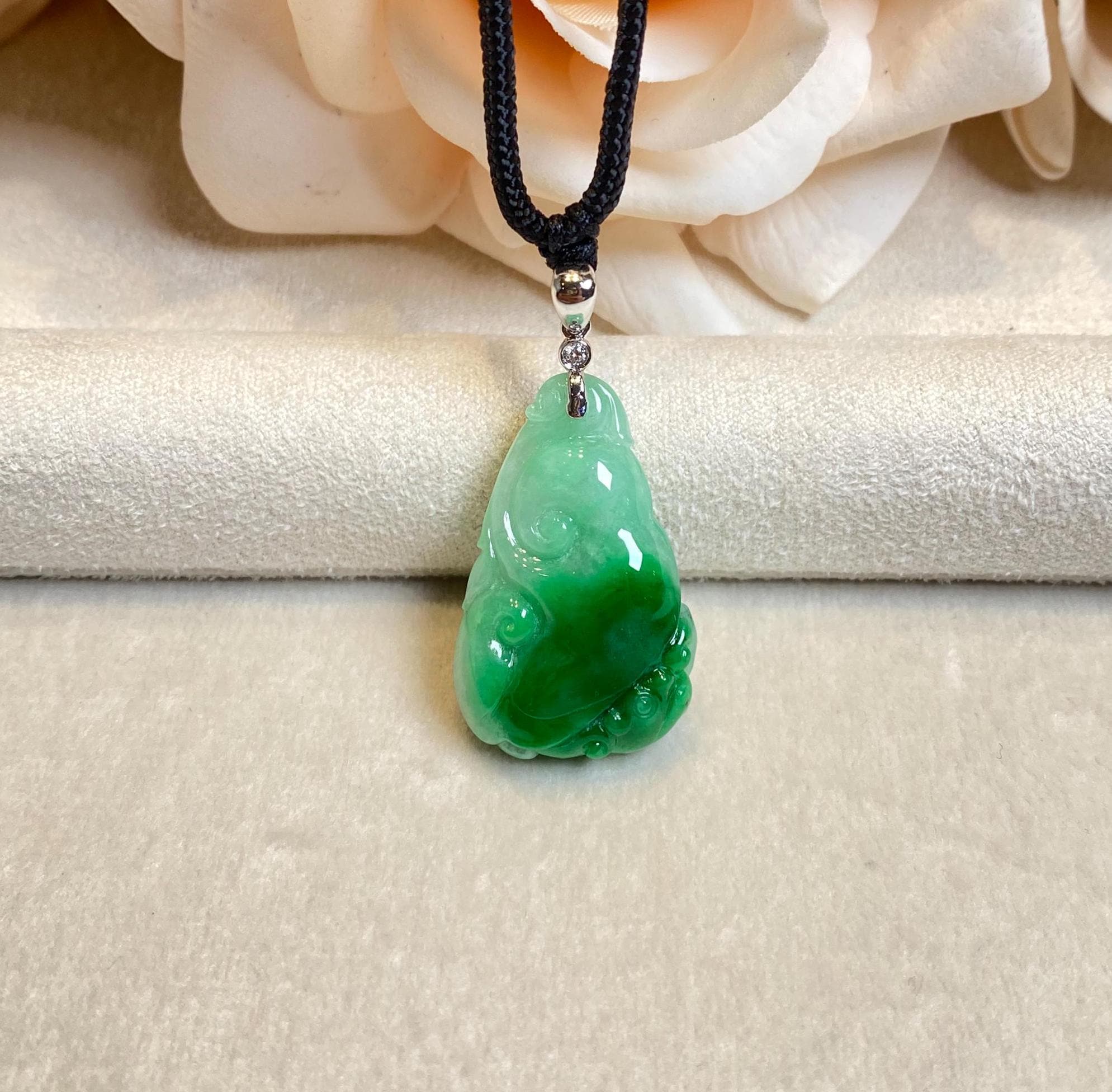Natural Green Jadeite Pendant - Carved Ruyi Jade