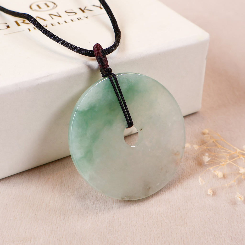 Gradient Bluish Green Jade Disc Pendant Necklace with Adjustable Black Cord