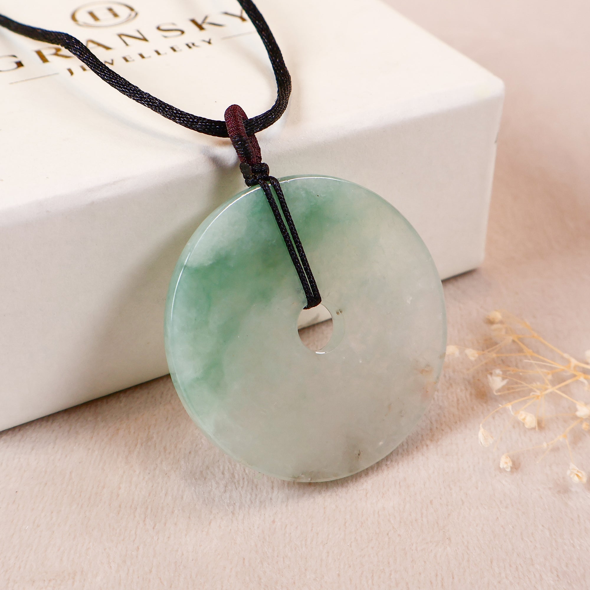 Gradient Bluish Green Jade Disc Pendant Necklace with Adjustable Black Cord