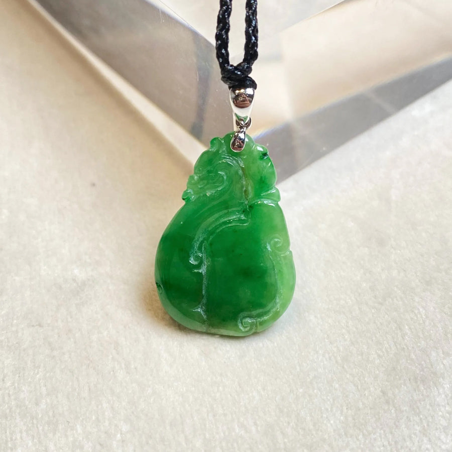 Natural Green Ruyi Jade Pendant 18k White Gold Bail - Untreated Burmese Jadeite