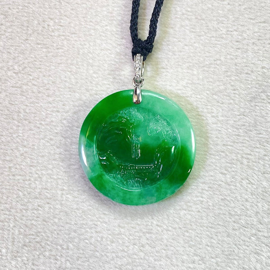 Scenic Round Green Jade Pendant Necklace - 18k White Gold Bail with Diamond