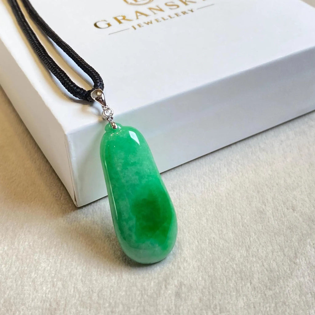 Handcrafted Pepper Shape Jade Pendant Necklace - 18k White Gold Bail & Diamond