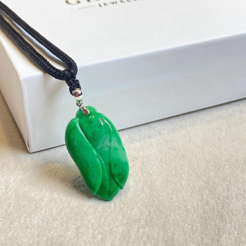 Natural Green Carved Jade Pendant - 18k White Gold Bail