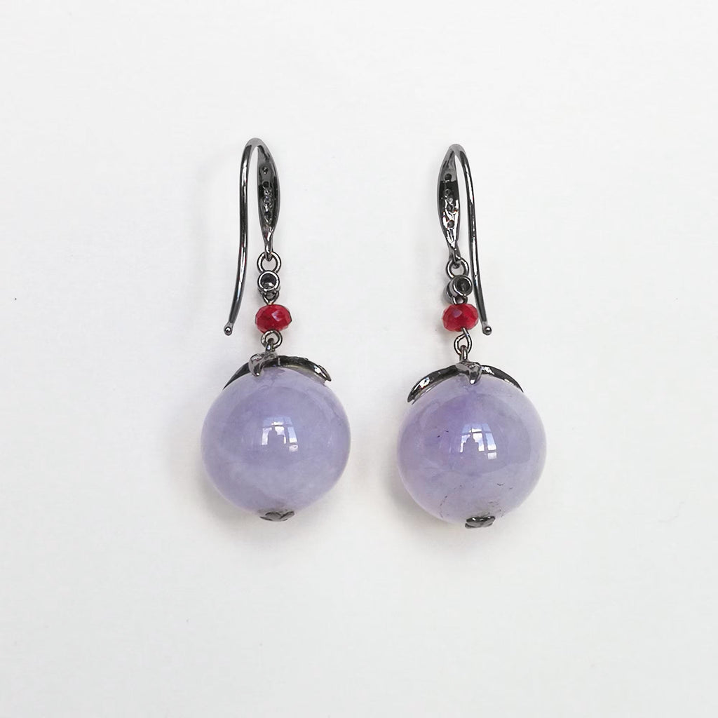 Gransky 18K Gold Lavender Jade Jewelry Purple Jade Bead Earrings with Rubies