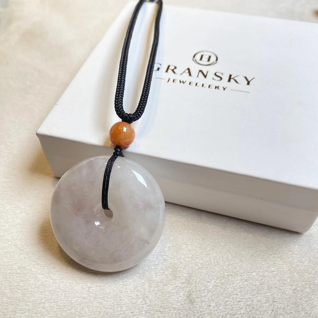 Handcrafted Ruyi Jade Pendant - Icy White Burmese Jadeite with Brown Bead