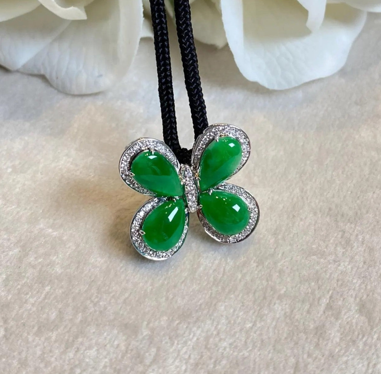 18k Gold Diamond Green Butterfly Jade Pendant Necklace - Natural Type-A Jade