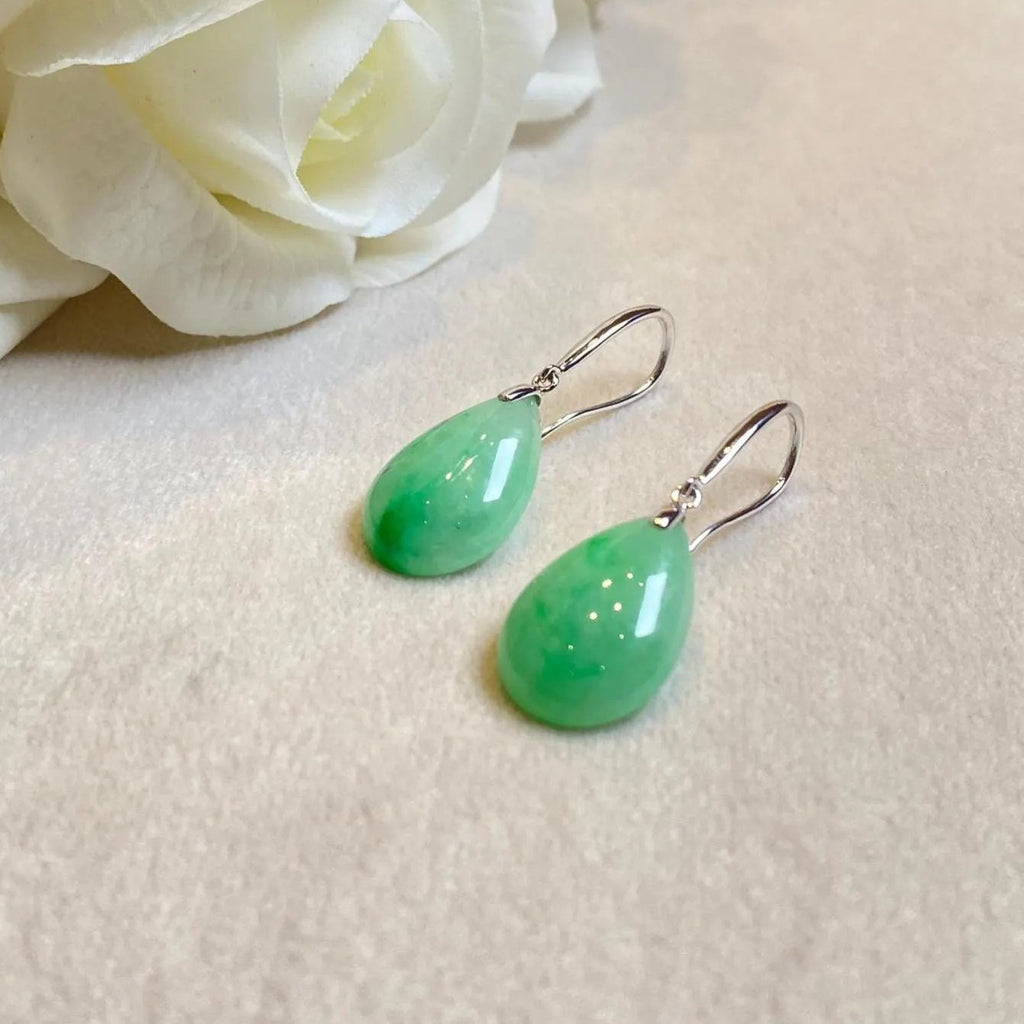 Apple Green Pear-Shaped Drop Jade Earrings in 18k White Gold