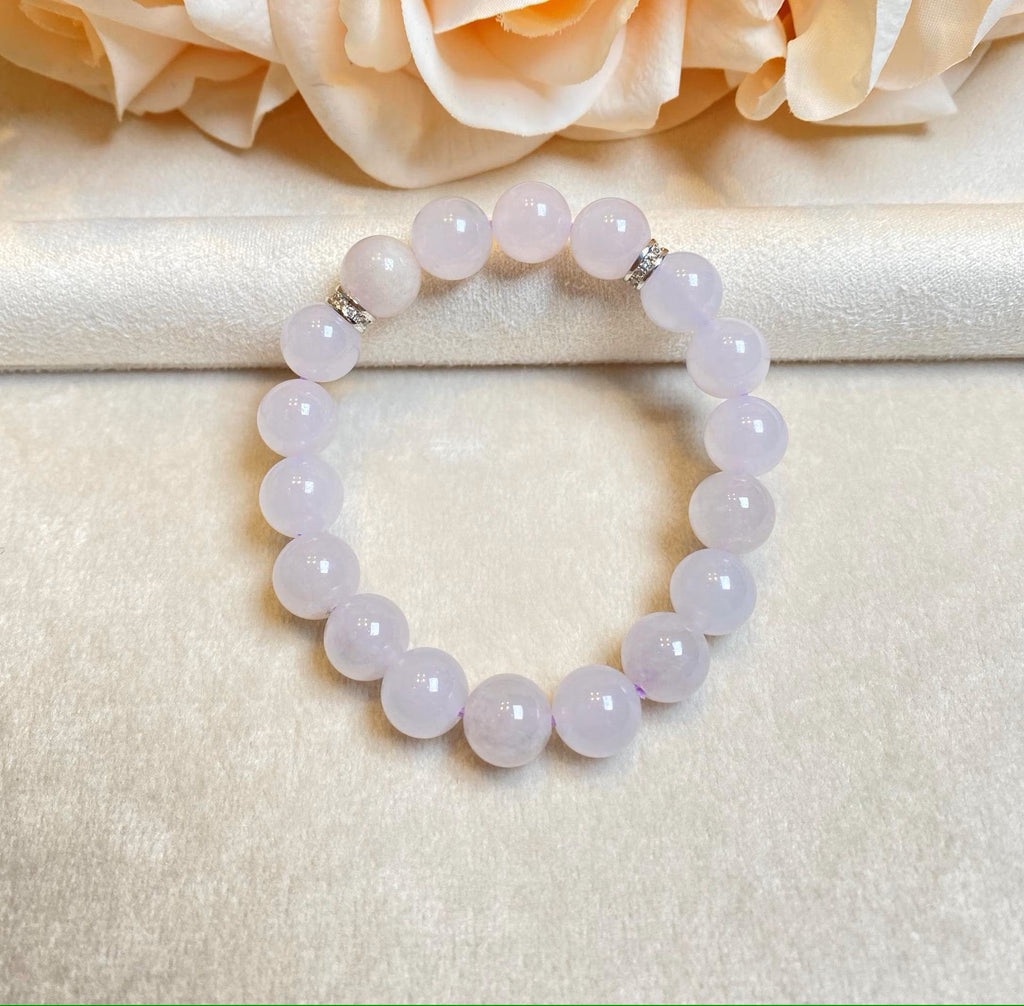 Stunning White Jadeite Beaded Bracelet – 9.5mm Translucent Jade Beads with Gold-Plated Diamond Partitions, 17cm Length
