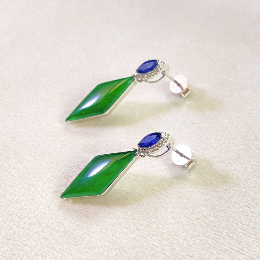 Natural Intense Green Jade Drop Earrings - 18K White Gold Diamonds Sapphire