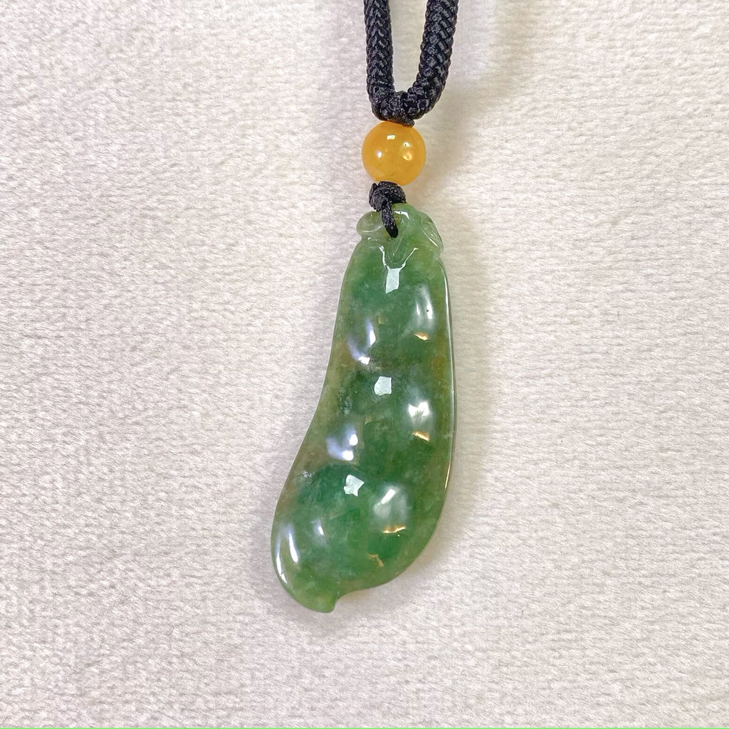 Handcrafted Peapod-Shaped Green Jade Pendant with Orange Bead