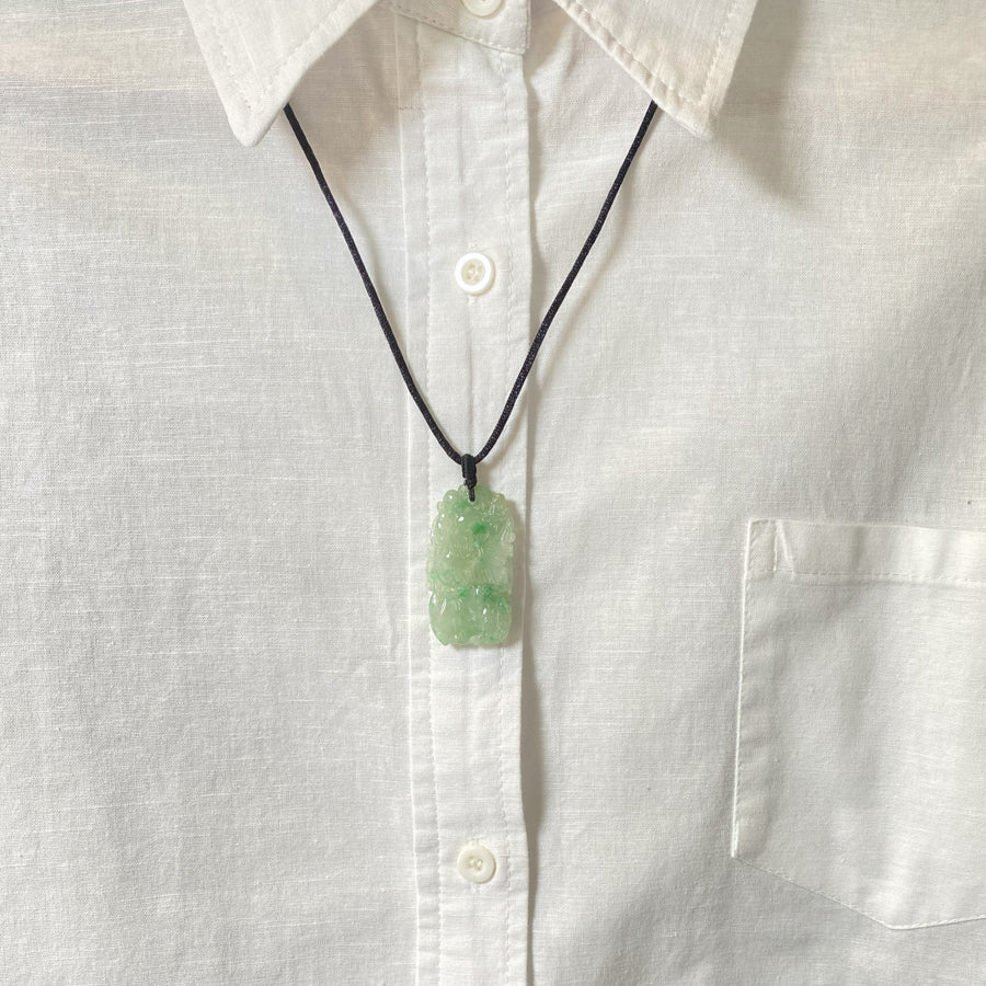 Natural Type-A Burmese Green Jadeite Pendant - Ruyi & Lotus Carving