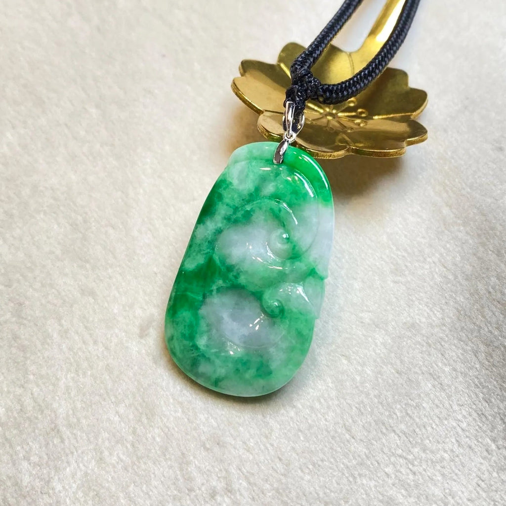 Natural Green Ruyi Jade Pendant - 18k White Gold Bail