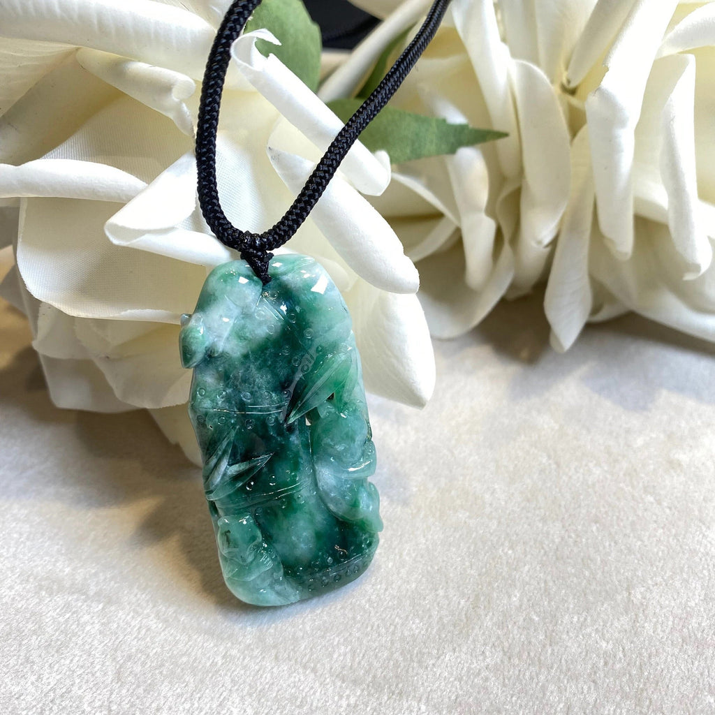 Natural Green Burmese Jadeite Bamboo Pendant with Fu Shu Carving – Adjustable Black String Necklace