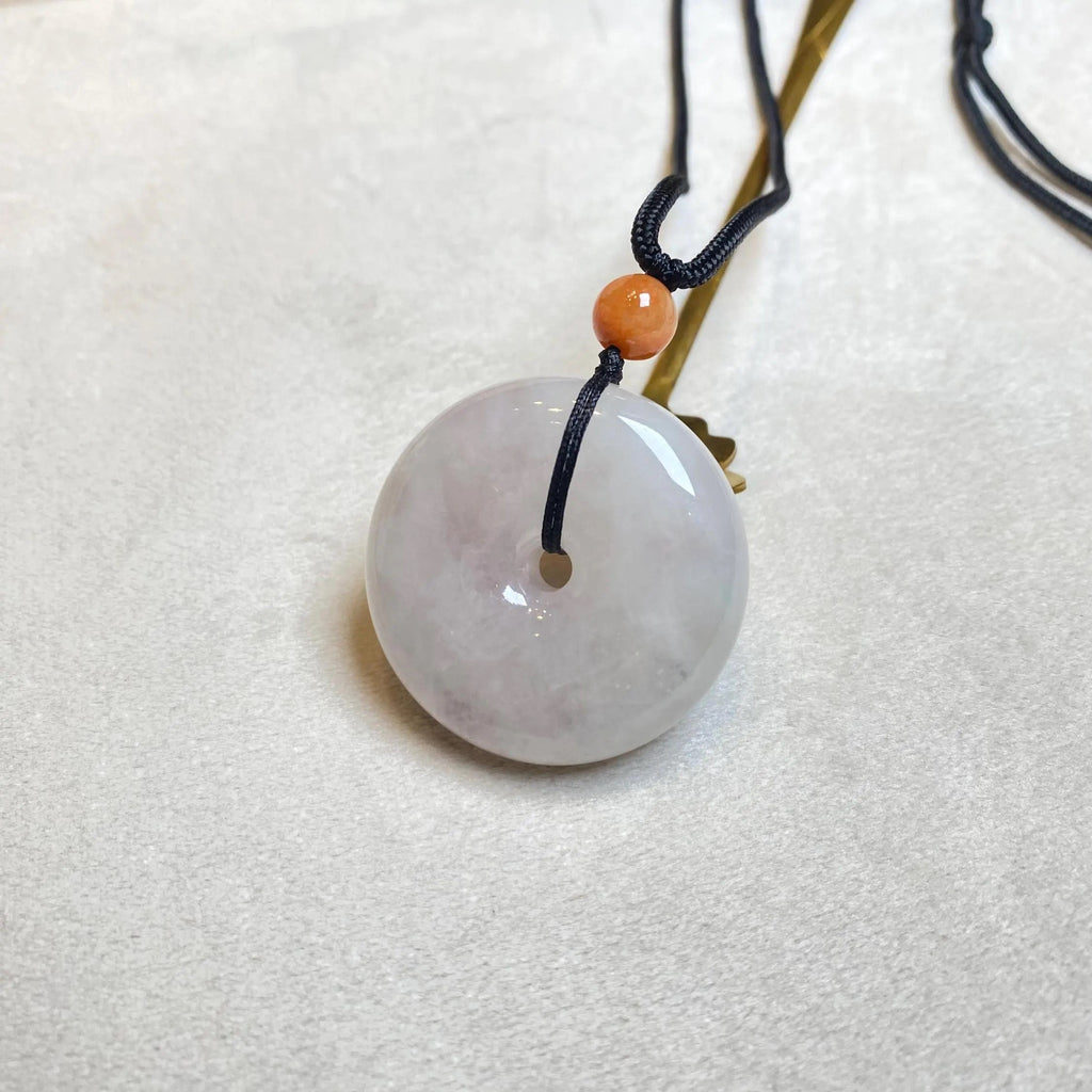 Handcrafted Ruyi Jade Pendant - Icy White Burmese Jadeite with Brown Bead