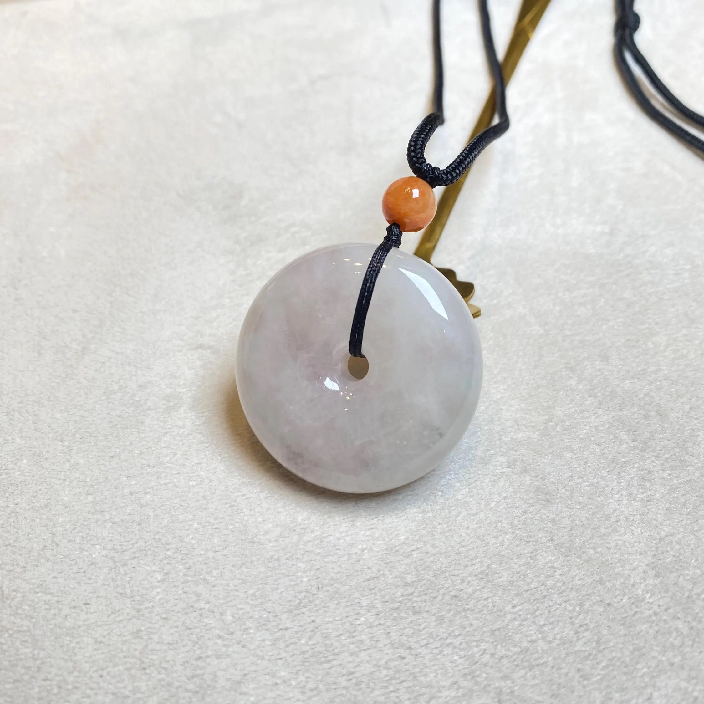 Handcrafted Ruyi Jade Pendant - Icy White Burmese Jadeite with Brown Bead