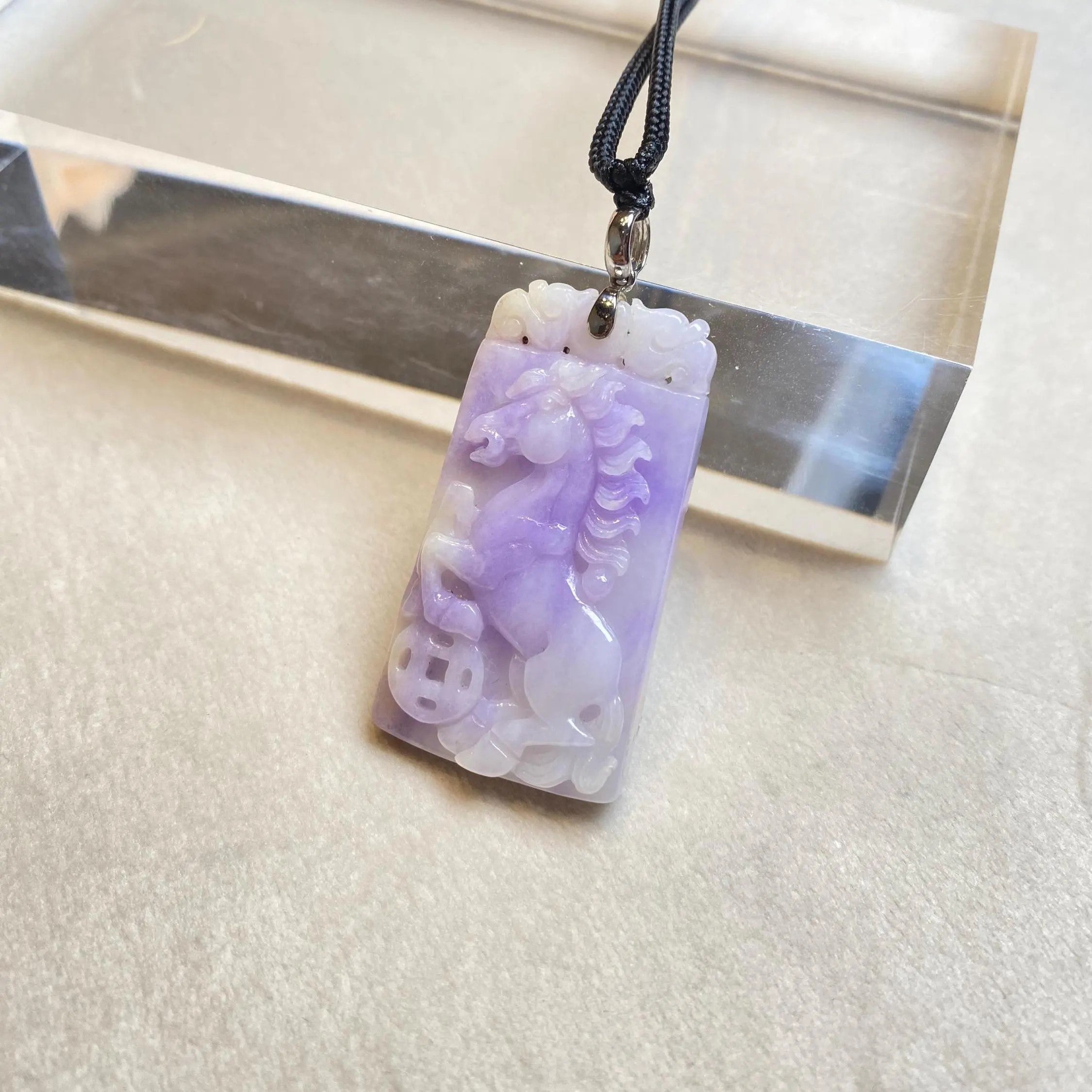 Handcrafted Purple Jade Horse Pendant in 18k White Gold