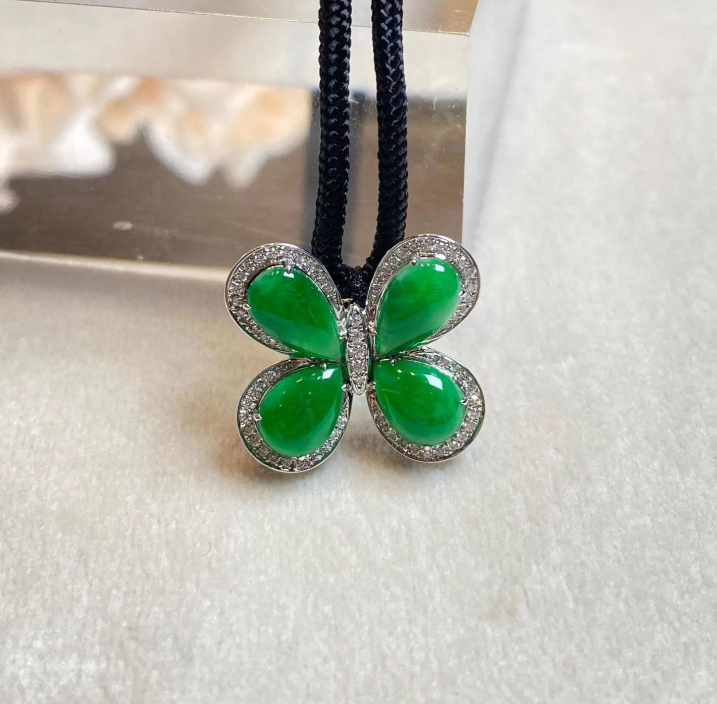 18k Gold Diamond Green Butterfly Jade Pendant Necklace - Natural Type-A Jade