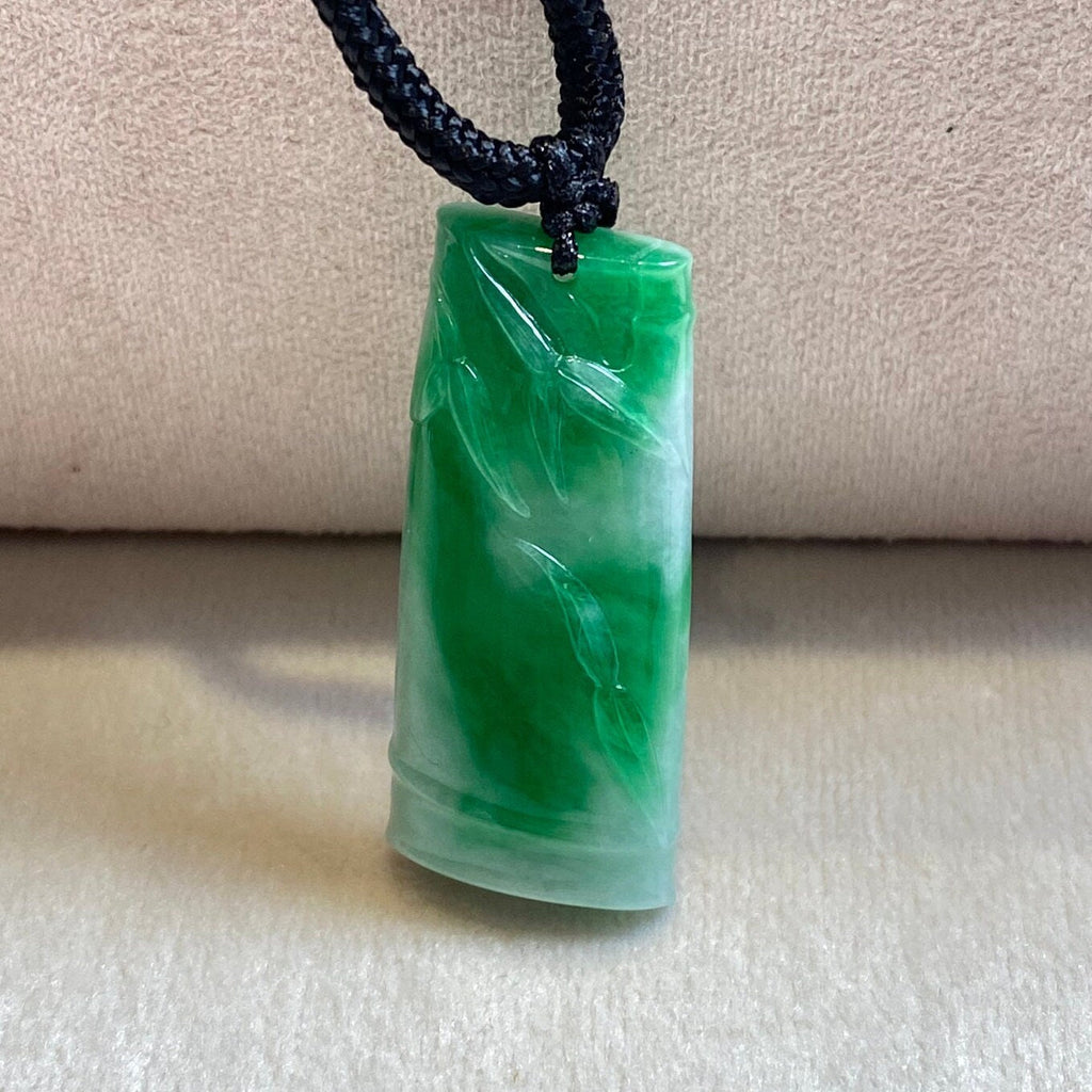 Bright Green Hand-Carved Bamboo Jade Pendant