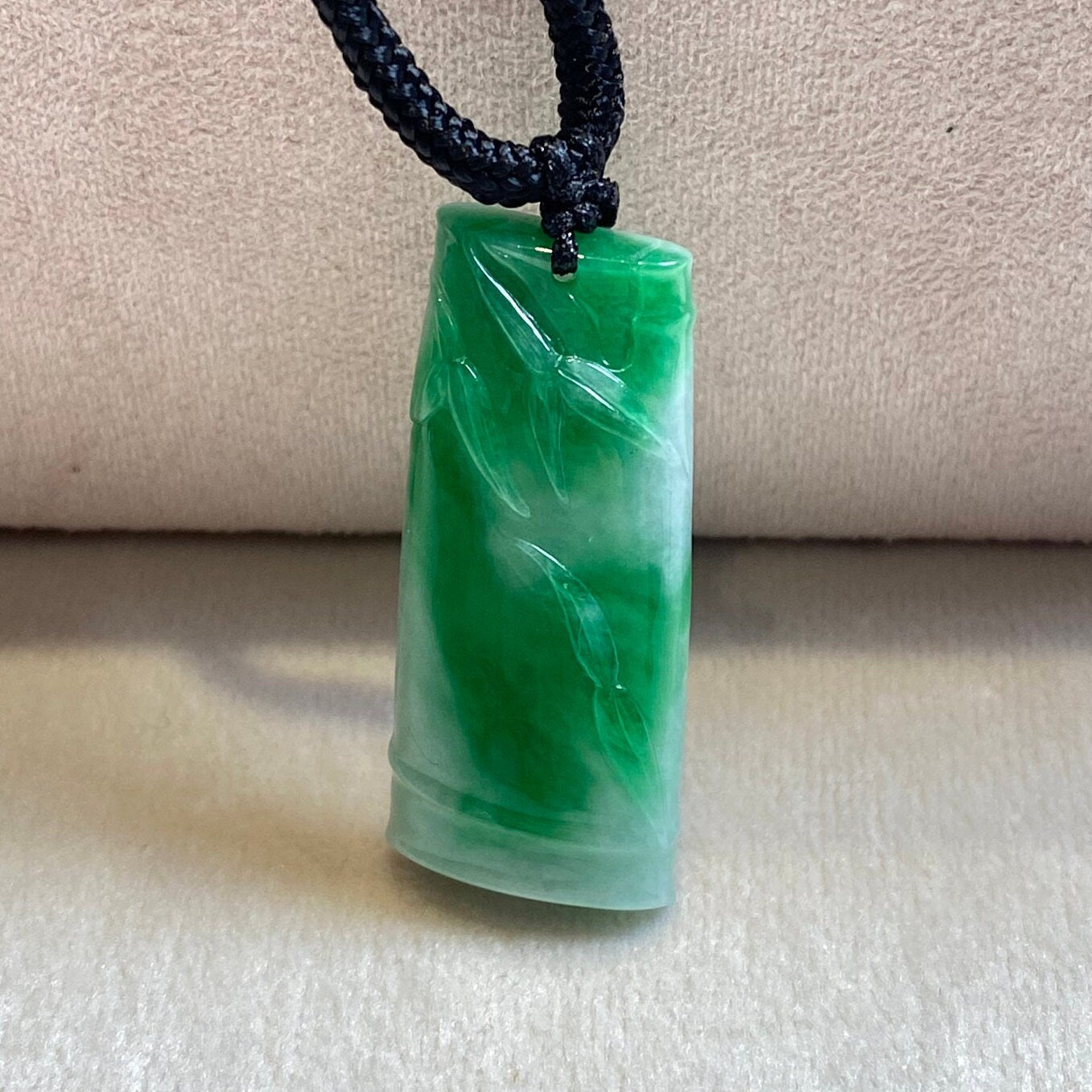 Bright Green Hand-Carved Bamboo Jade Pendant