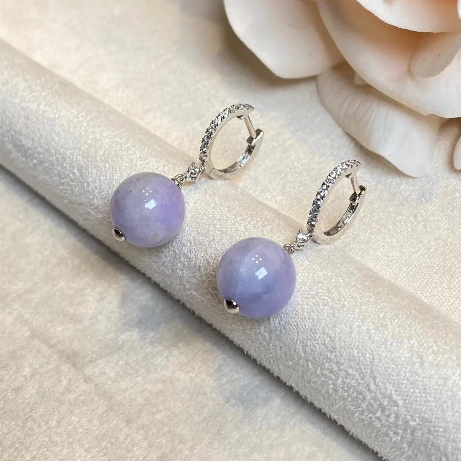 18k White Gold Diamonds Intense Purple Bead Jade Drop Earrings