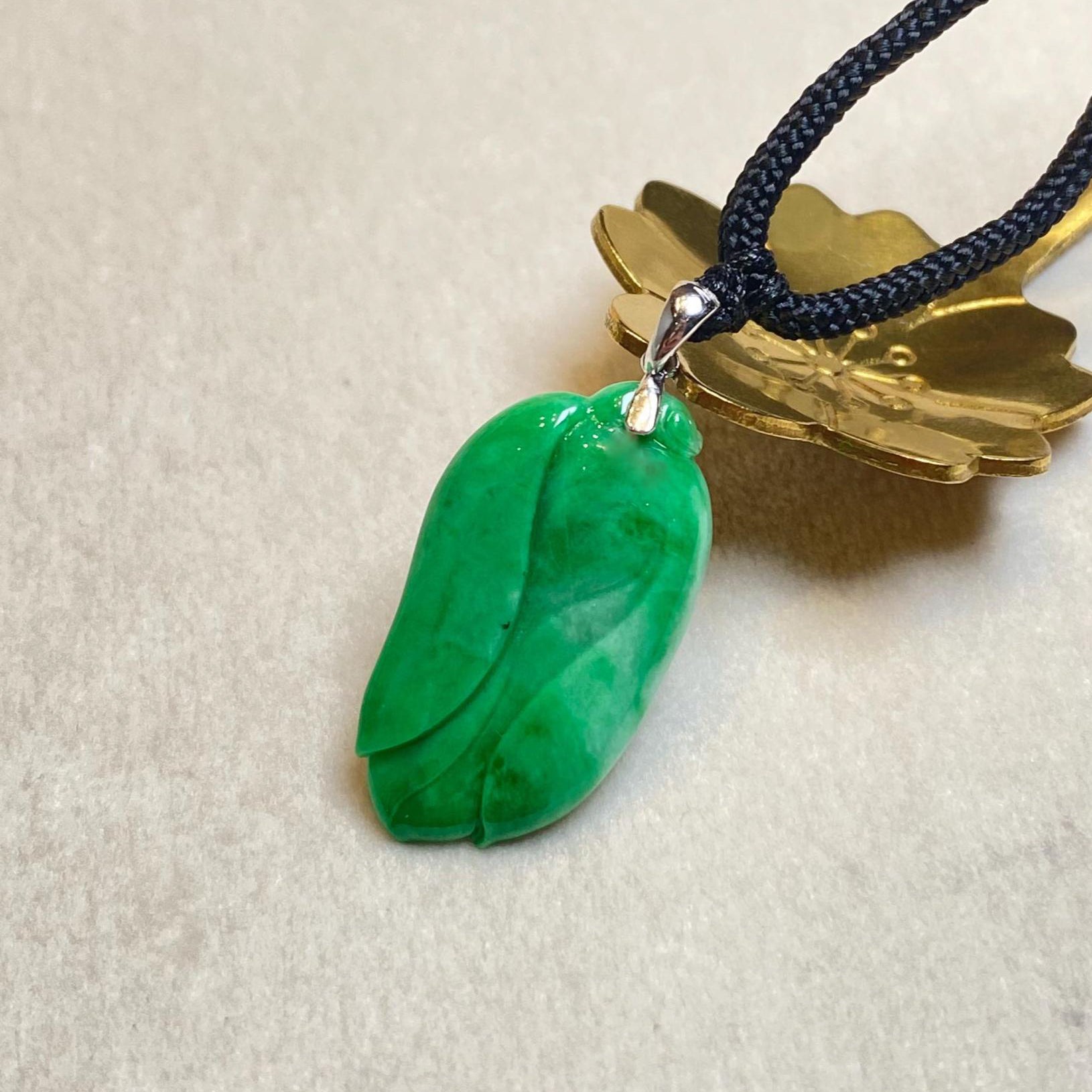 Natural Green Carved Jade Pendant - 18k White Gold Bail