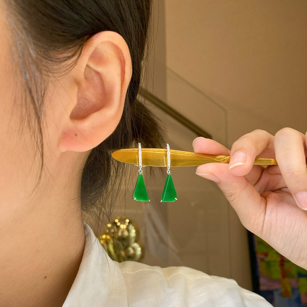Natural Green Jade Drop Earrings 18K White Gold and Diamonds