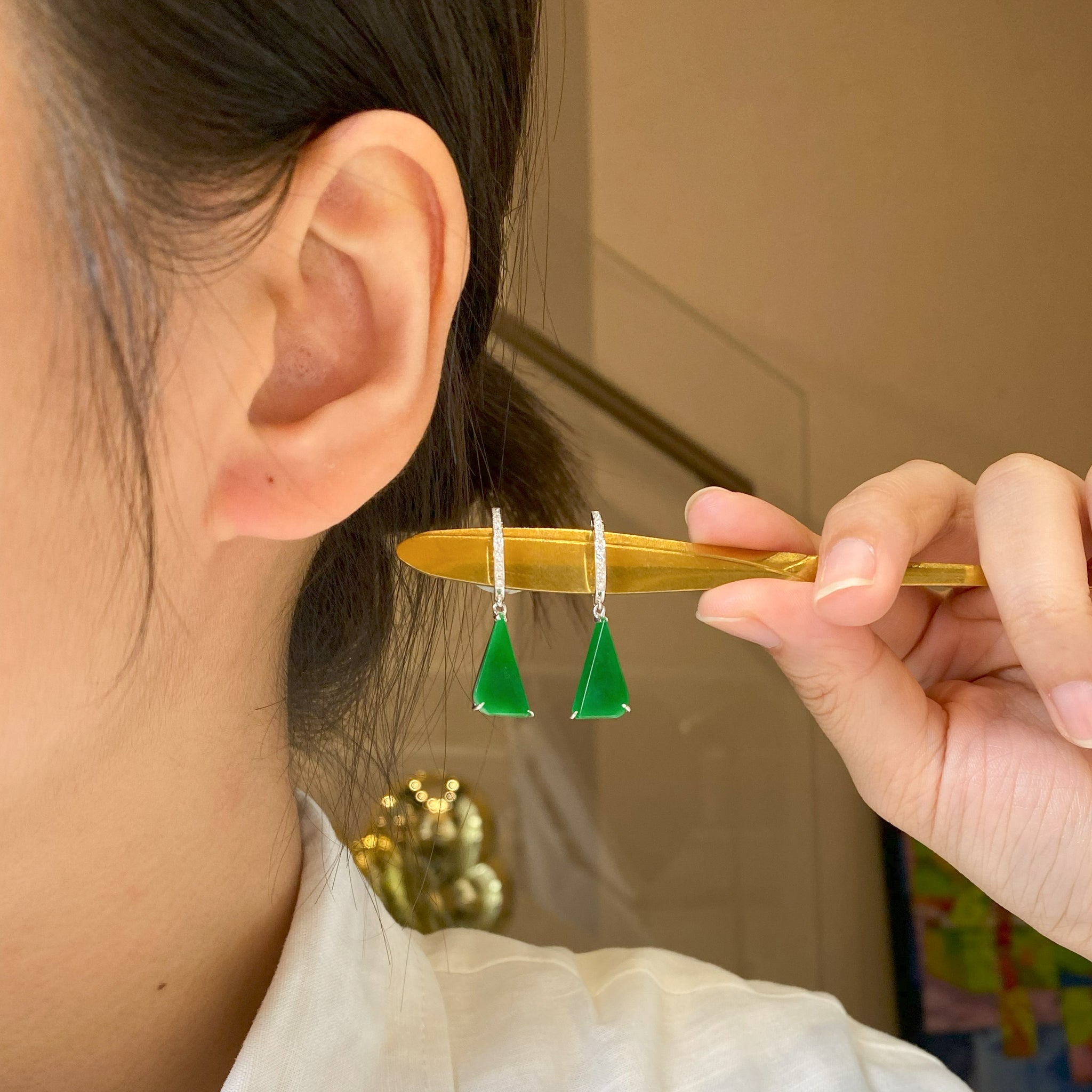 Natural Green Jade Drop Earrings 18K White Gold and Diamonds