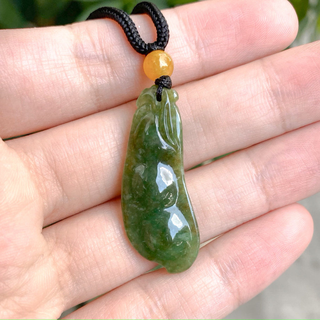 Handcrafted Peapod-Shaped Green Jade Pendant with Orange Bead