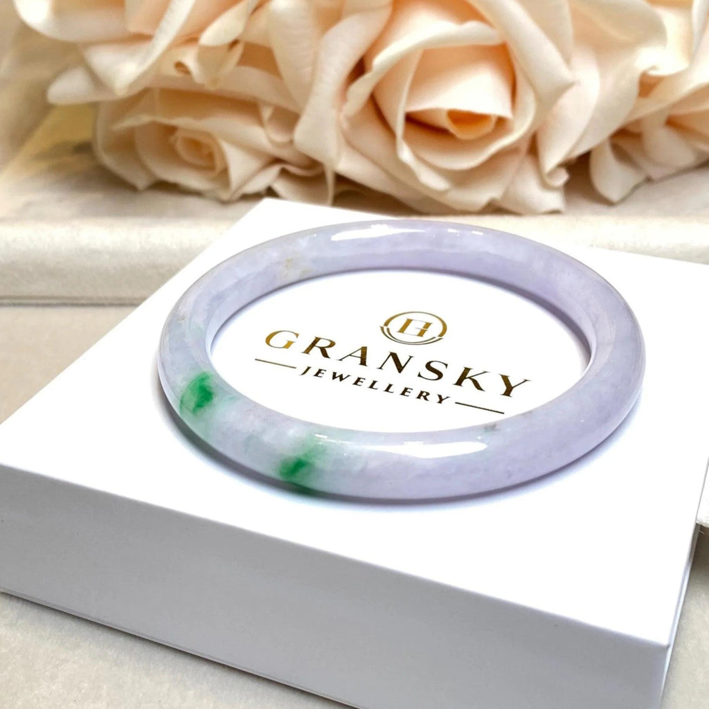 Dainty Purple Jadeite Bangle with Vivid Green, 56.5mm Inner Diameter