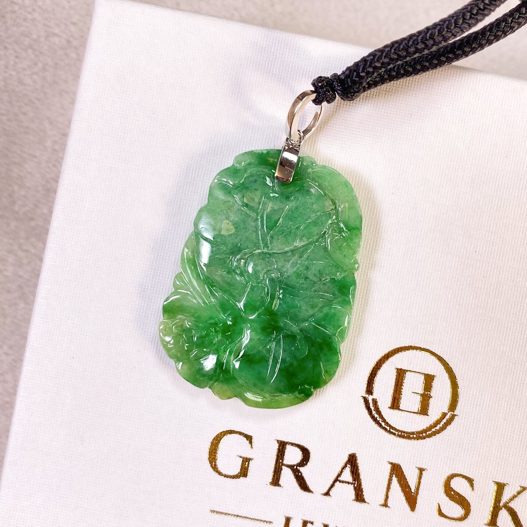 Bright Green Jade Ruyi & Lotus Pendant - 18K White Gold Bail