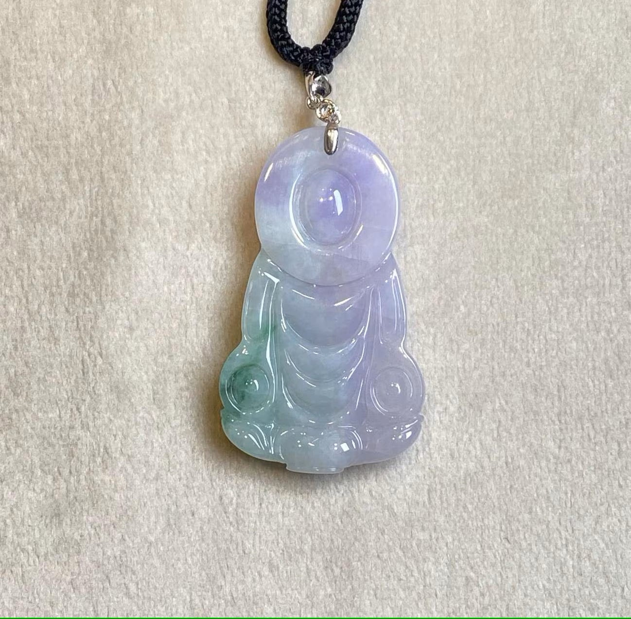 Gransky Handmade GuanYin (Kwan yin) Green and Purple Jade Pendant 18k White Gold Bail
