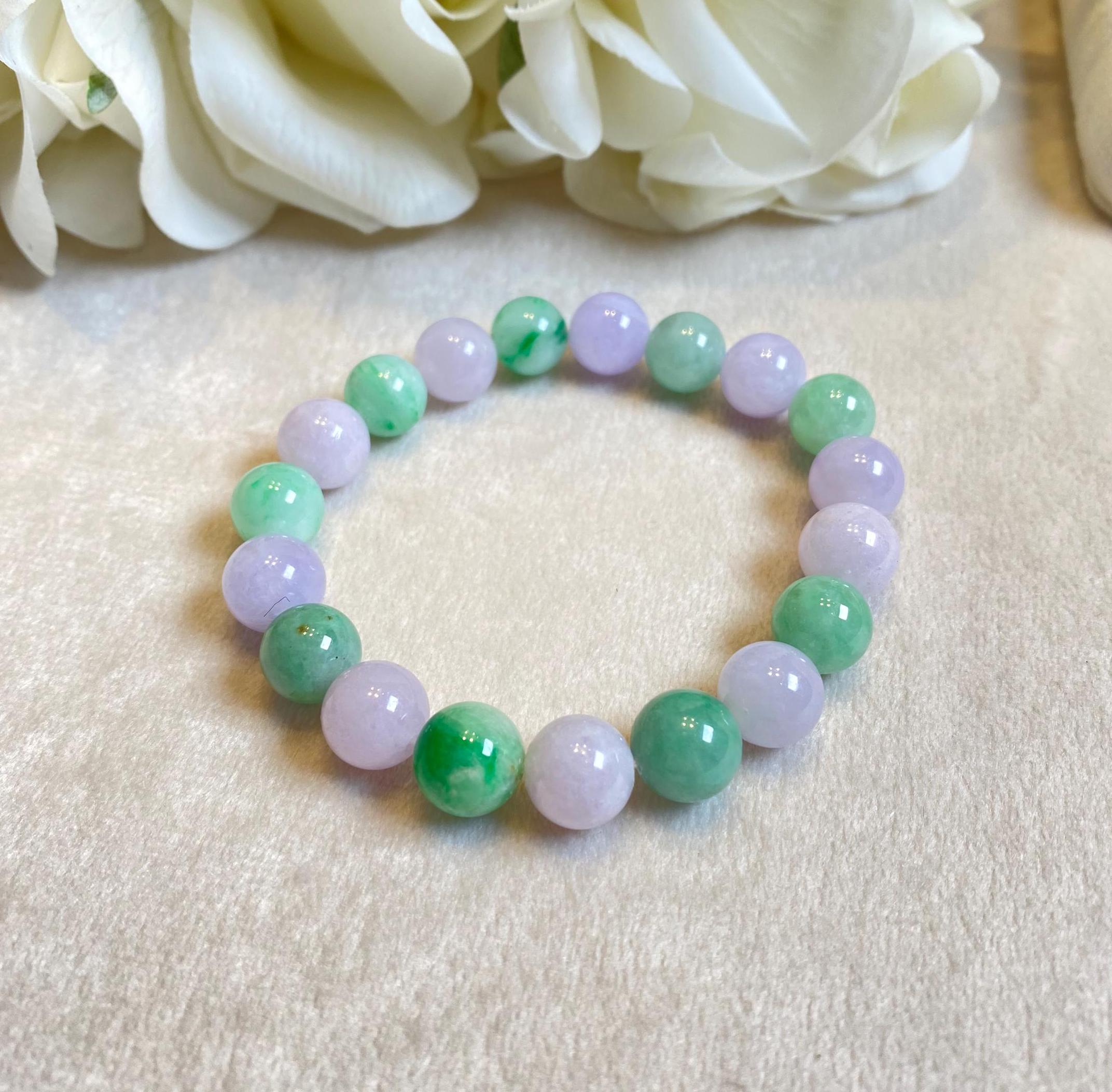 Alternating Green and Purple Jade Beaded Bracelet - 9-9.5mm Beads, 17cm, Natural Jadeite