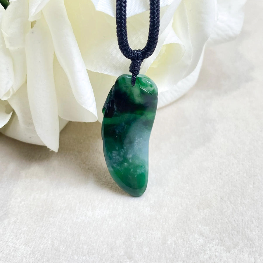 Intense Green Hand-Carved Jade Melon Pendant with Adjustable Black String