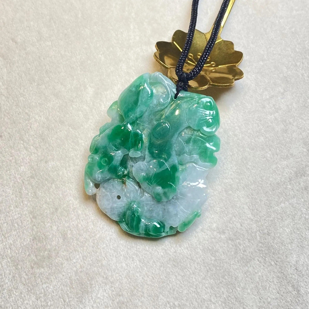 Natural Green Jadeite Pendant - Carved Lotus Leaf with Ruyi
