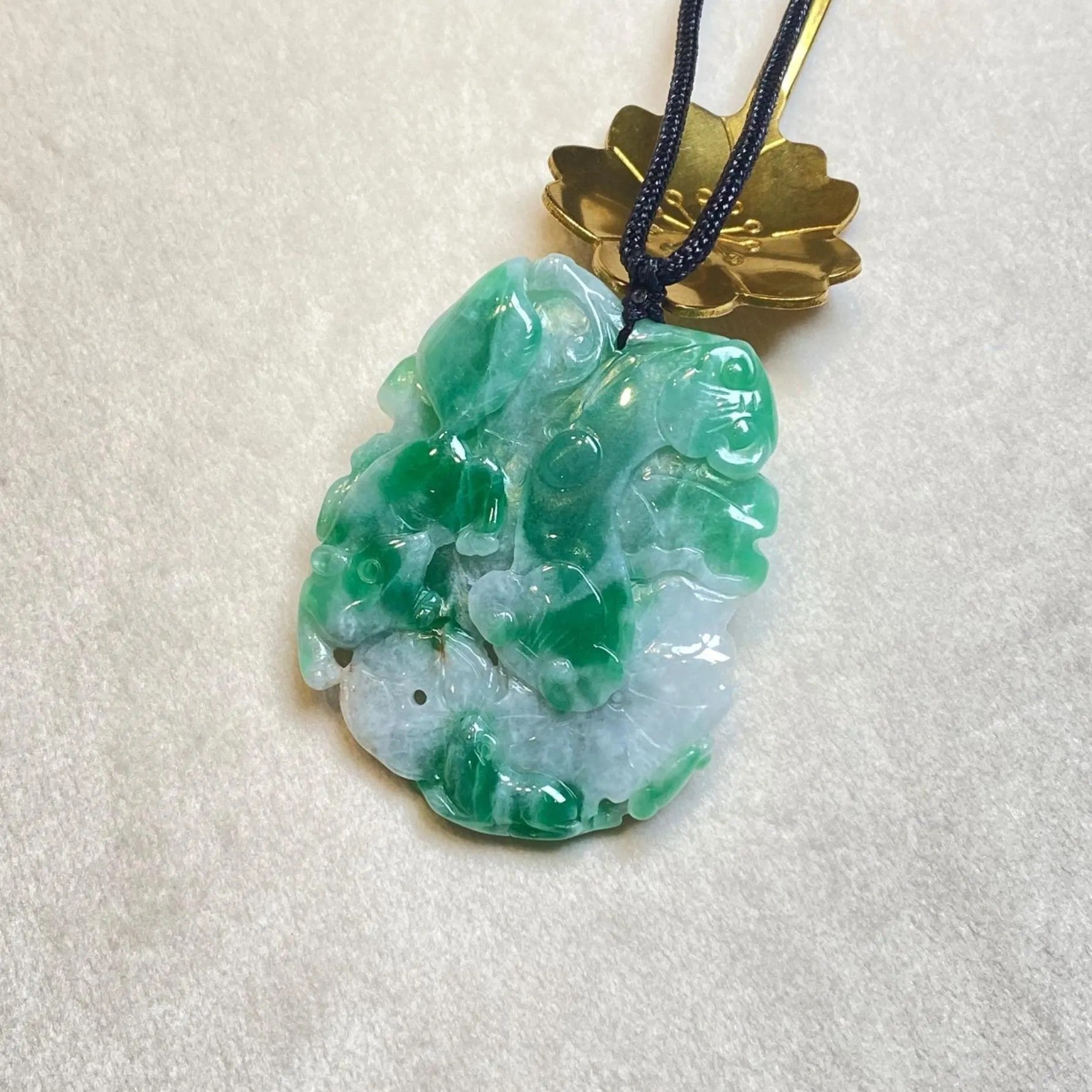 Natural Green Jadeite Pendant - Carved Lotus Leaf with Ruyi