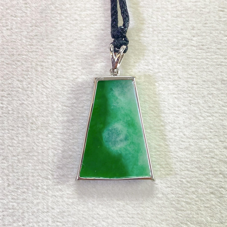 Green Jade Block Pendant in 18K White Gold with Diamonds, Genuine Burmese Jadeite