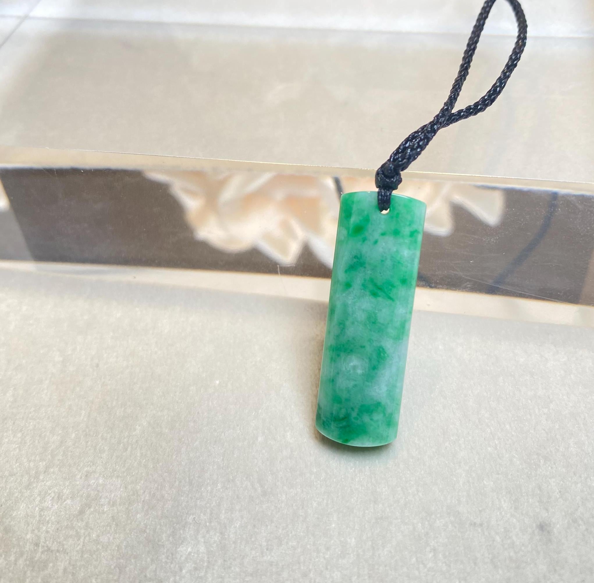 Genuine Green Jade Rod Pendant – Natural Untreated Burmese Jadeite on Black Adjustable String