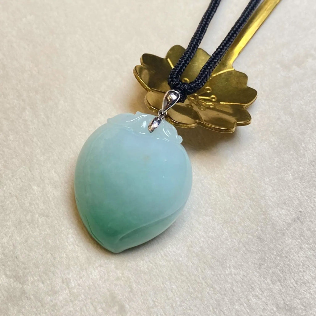 Imperial Green Peach Carved Burmese Jadeite Pendant in 18K White Gold Bail