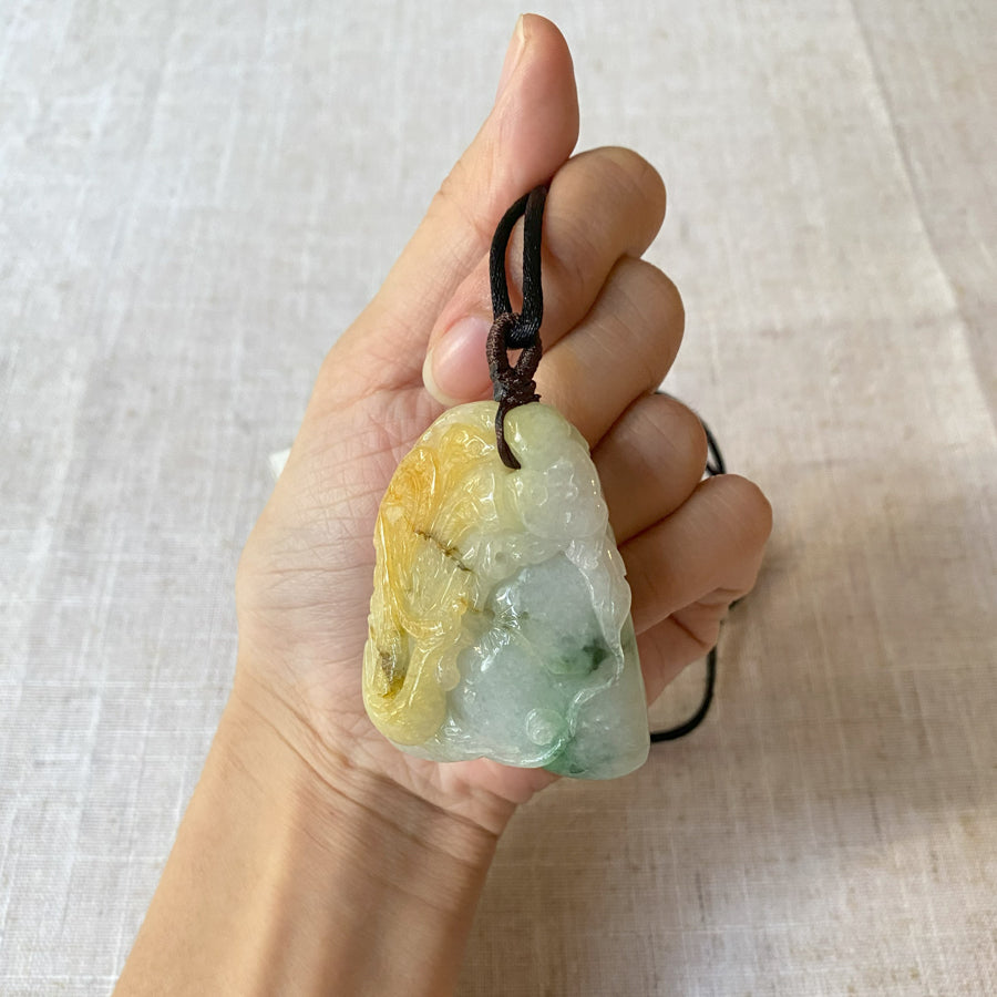 Gransky Handmade Burmese Grade A Jadeite Peach Tri-Color Jade Pendant Necklace