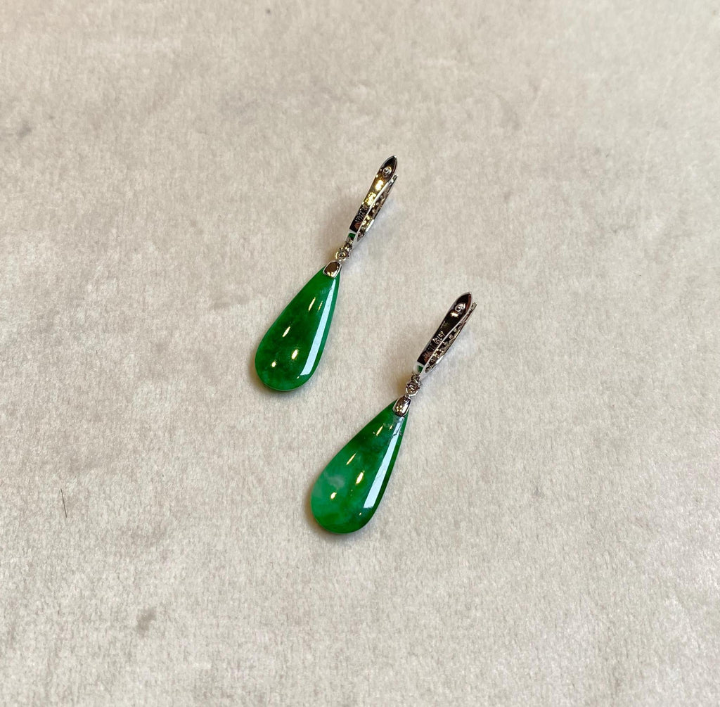 Gransky 18K White Gold and Diamonds Green Jade Teardrop Earrings