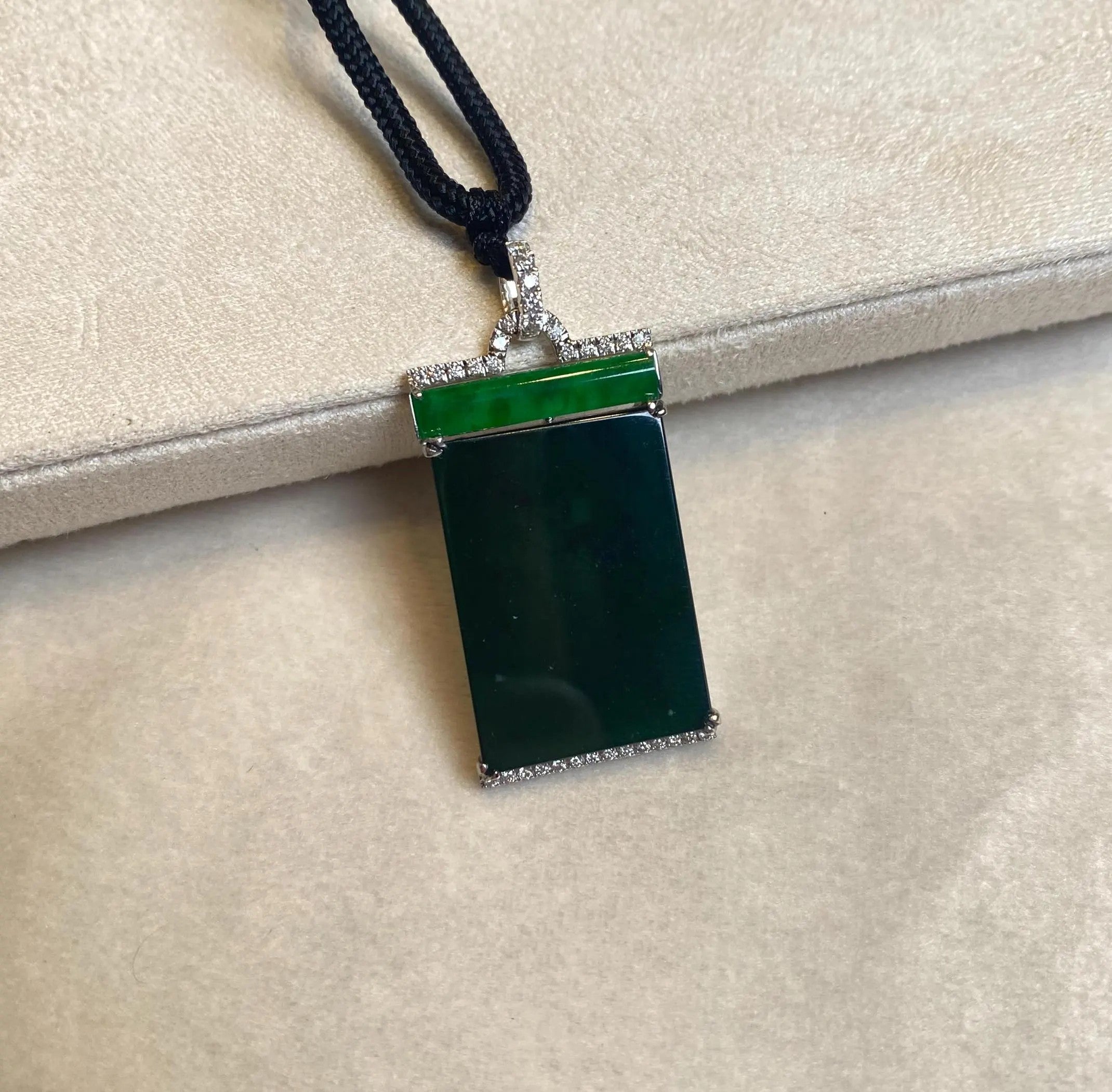 Black & Green Burmese Jadeite Pendant in 18K White Gold with Diamonds