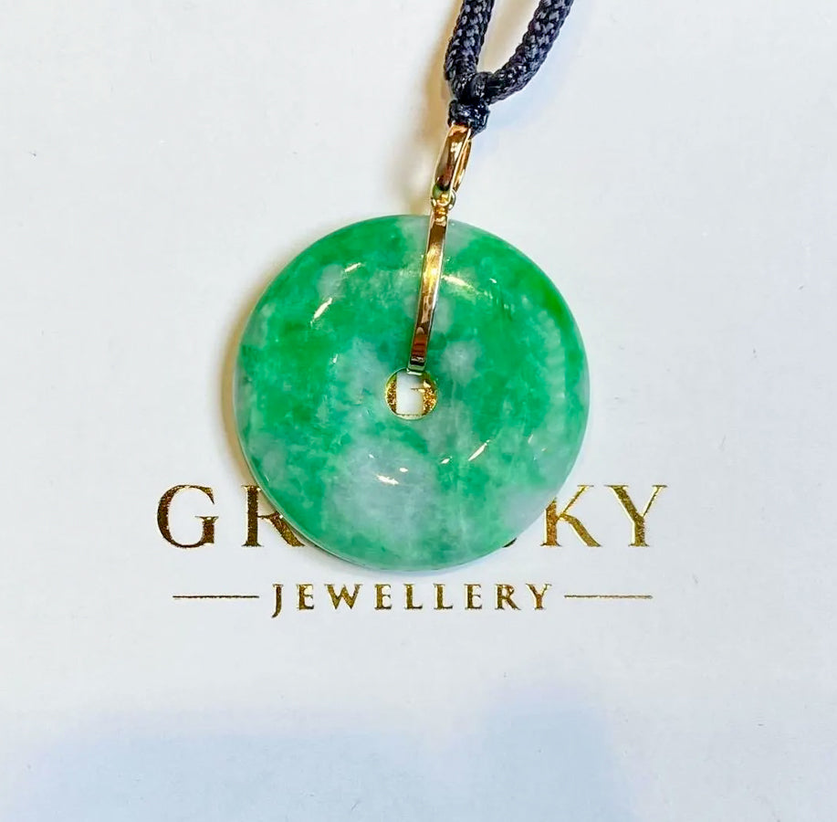 Bright Green Round Disc Jadeite Pendant with 18K Yellow Gold Bail – Natural Type-A Jadeite