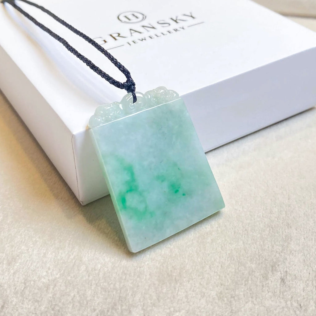 Gransky Handmade Smooth Green Carved Jade Block Pendant
