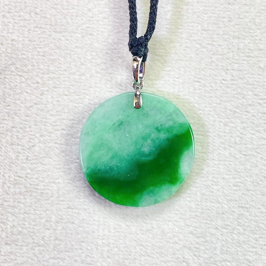 Scenic Round Green Jade Pendant Necklace - 18k White Gold Bail with Diamond