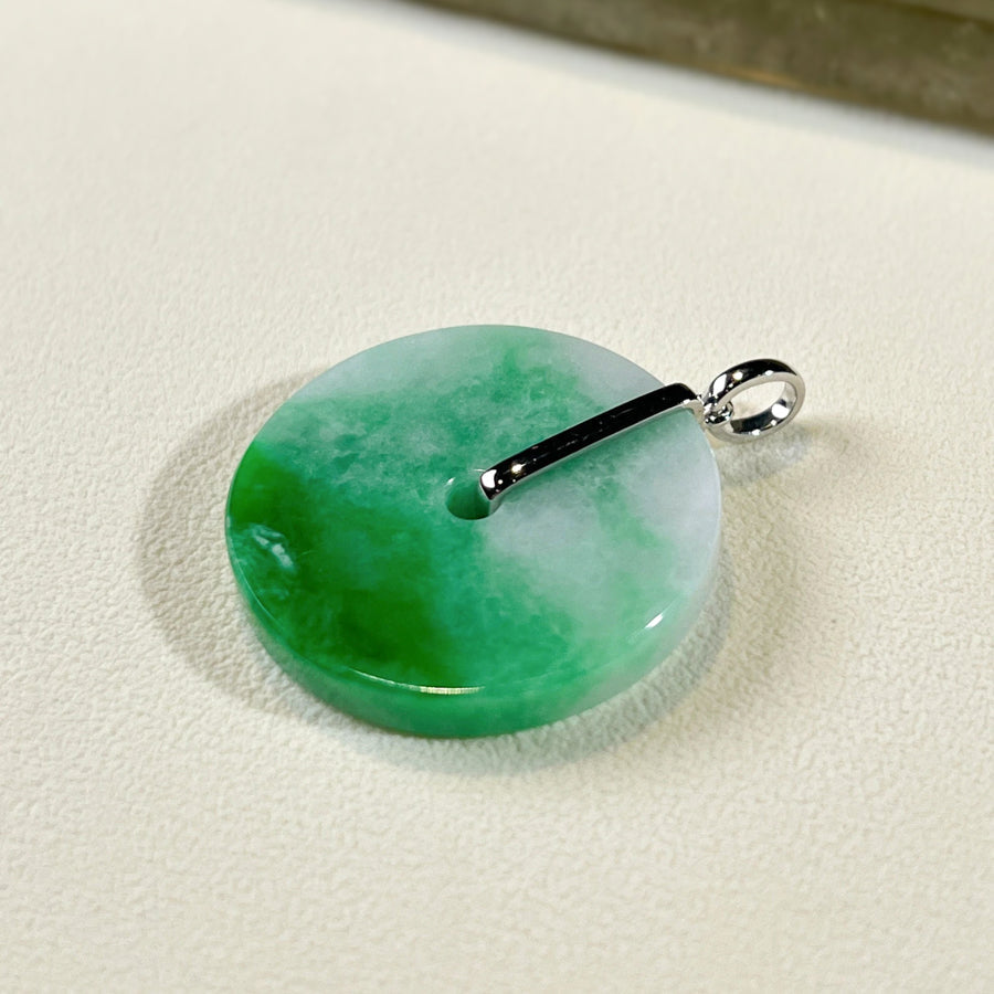 Minimalistic Green Jade Disc Donut Pendant 18k White Gold Bail
