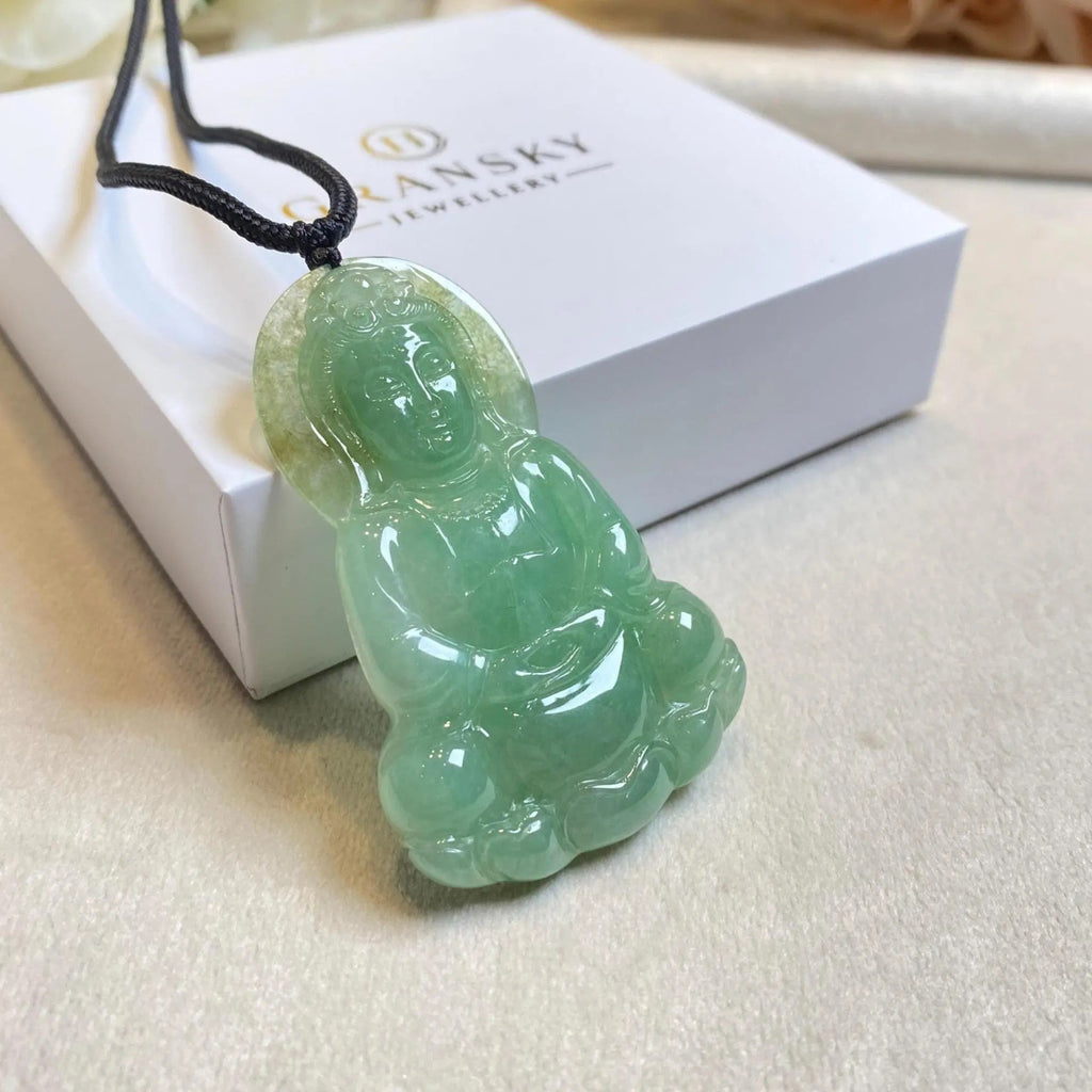GuanYin Brownish Green Jade Pendant Necklace