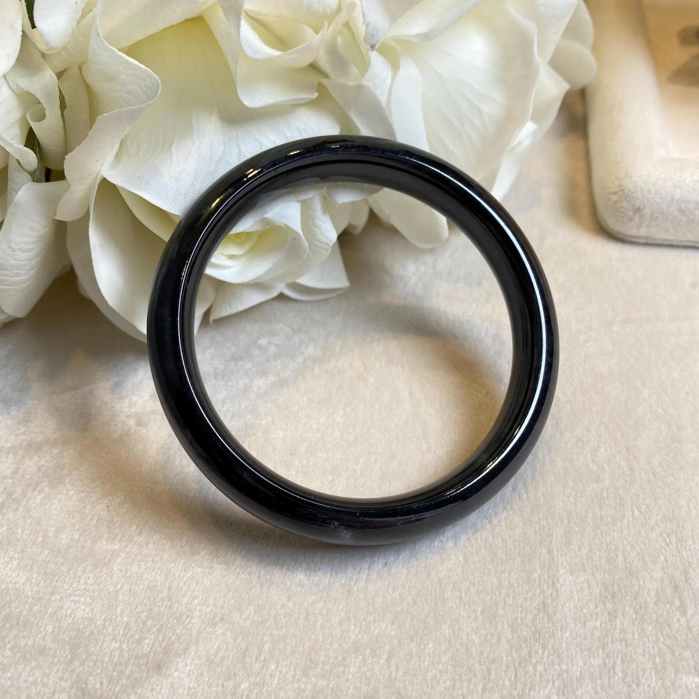 57.5mm Natural Black Burmese Jadeite Bangle Bracelet –  Flat Jade Bangle