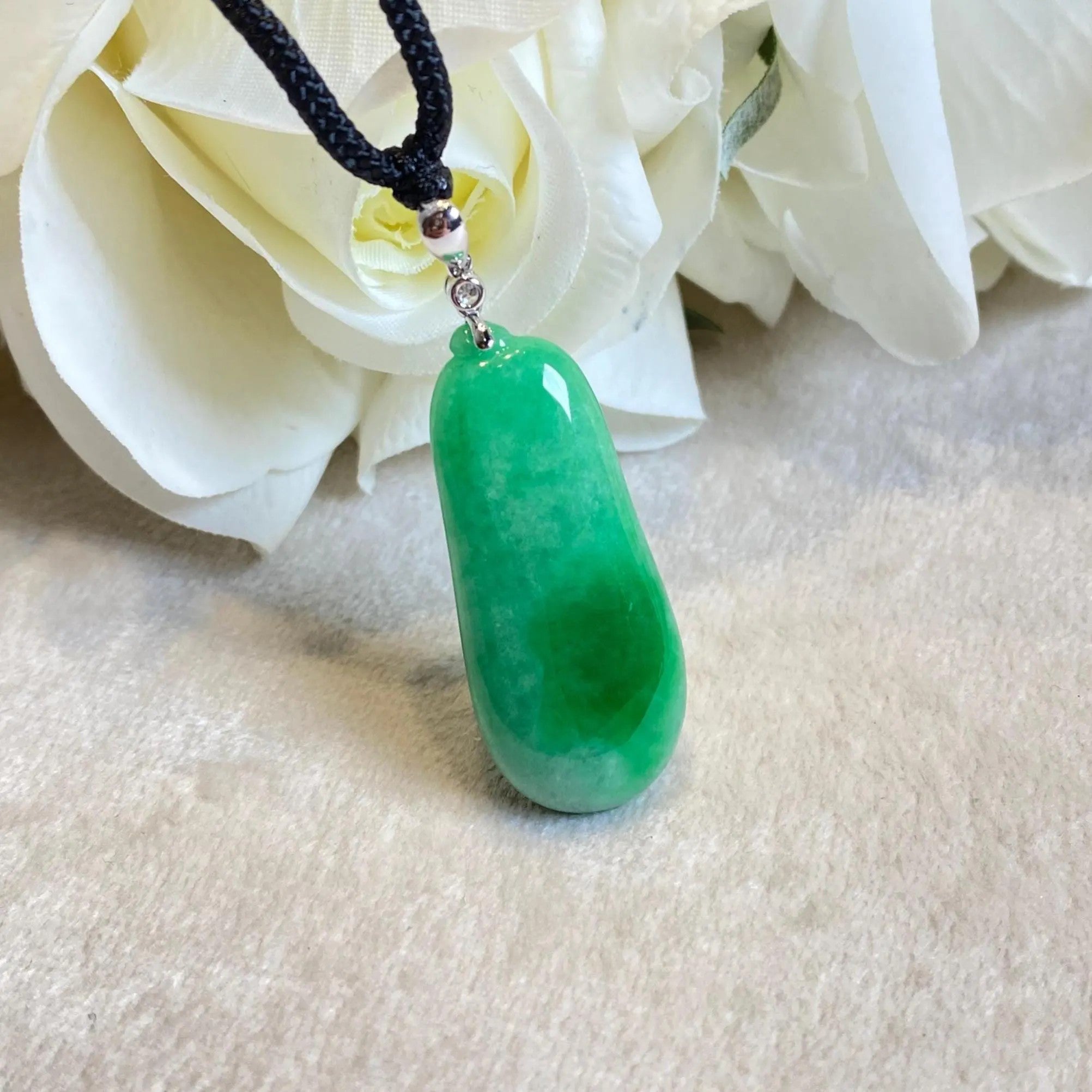Handcrafted Pepper Shape Jade Pendant Necklace - 18k White Gold Bail & Diamond